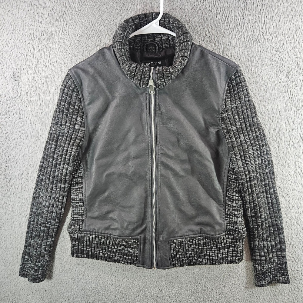 Baccini Womens Faux Leather Knit Mixed Media Zip‎ Jacket Grey Black Size L